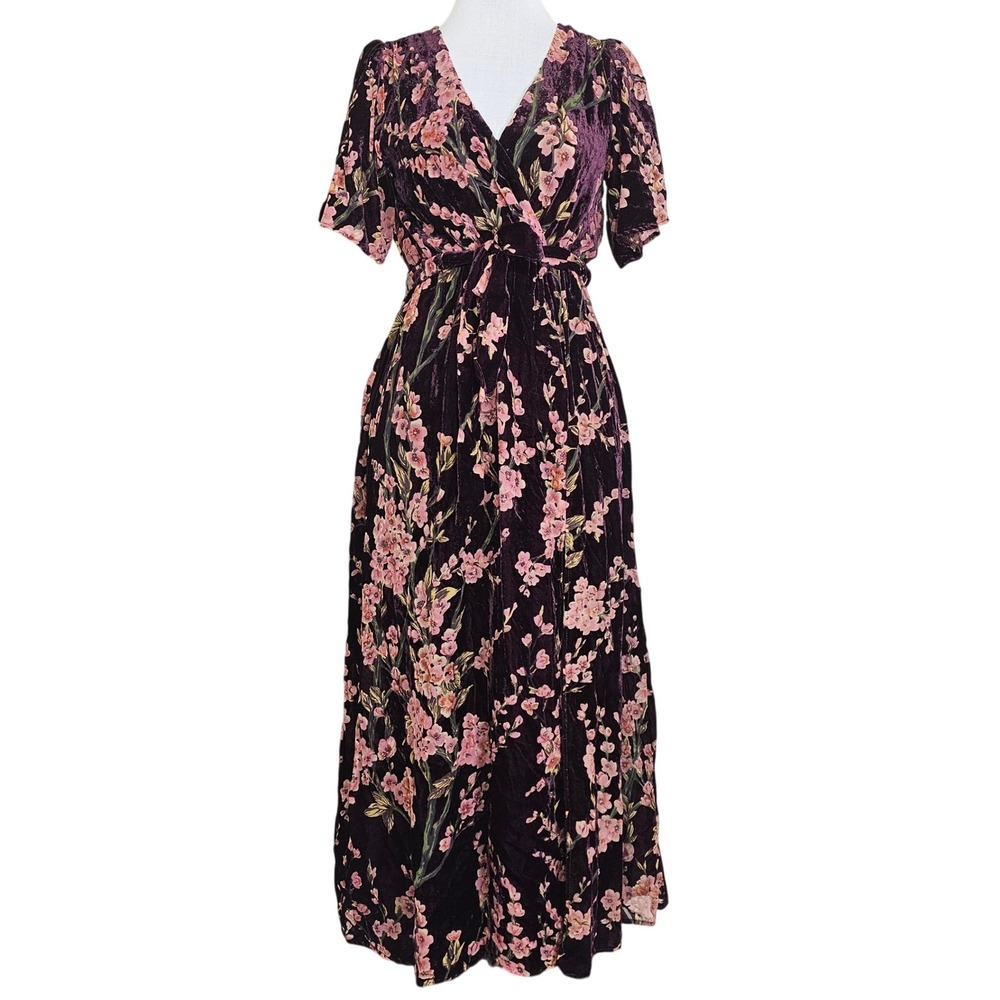 Baltic Born M Plum Floral Velvet Maxi Dress Short Sleeve Faux Wrap Whimsygoth